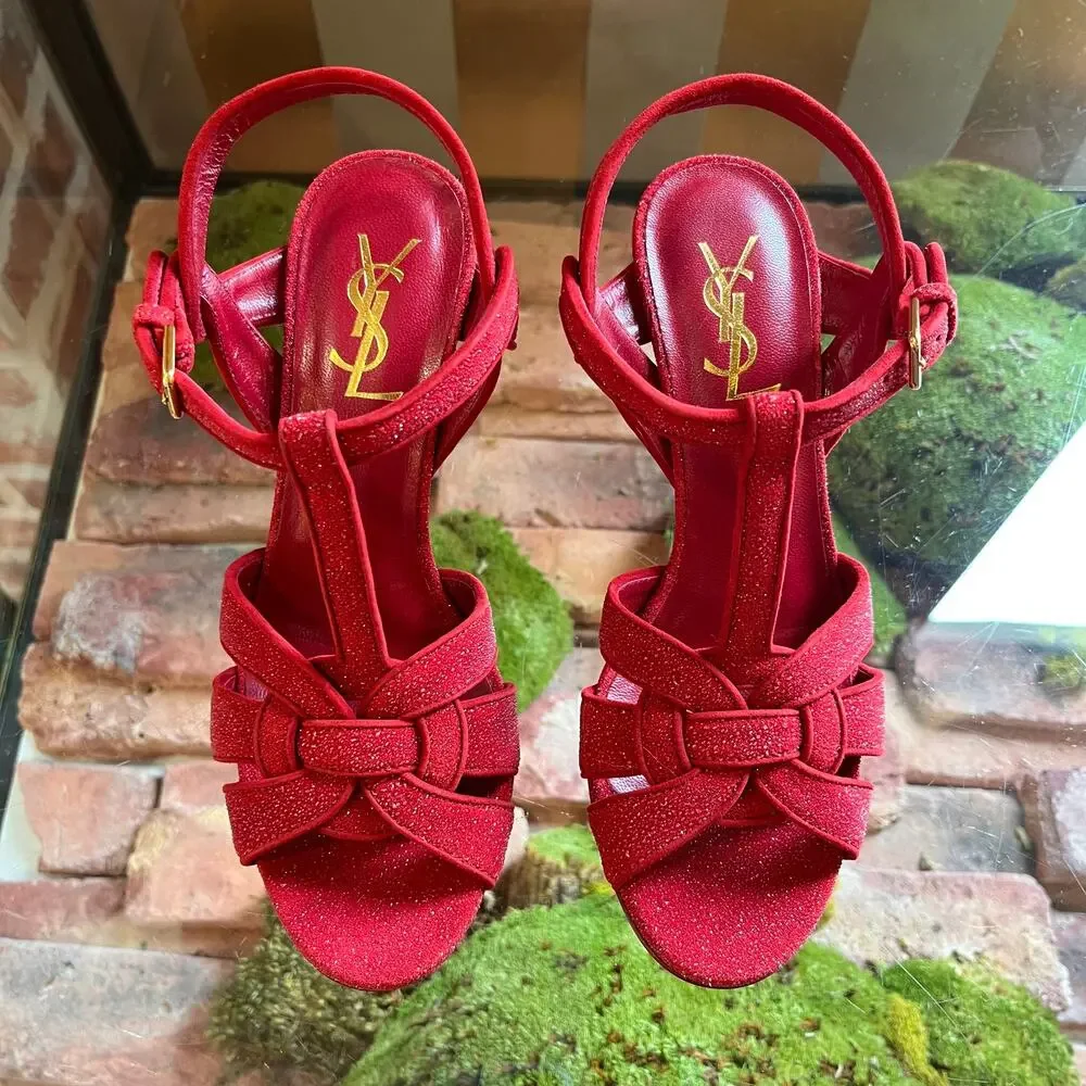 SAINT LAURENT Red Suede Glitter Tribute Heels SZ 36 (US 6) - Picture 4 of 11